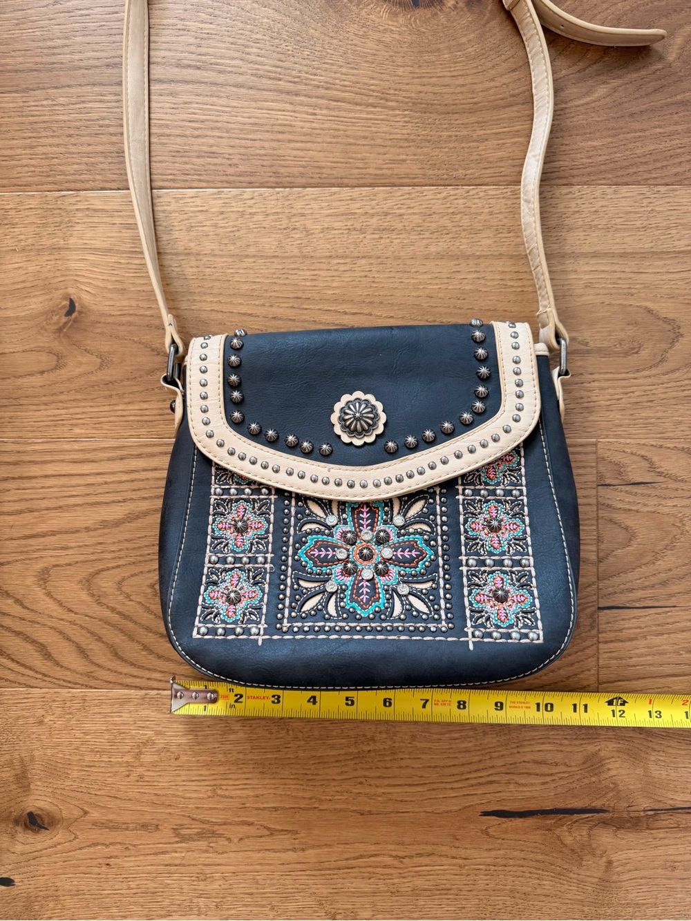 Montana West Black Crossbody with Tan Trim and Embroidered Floral Panels